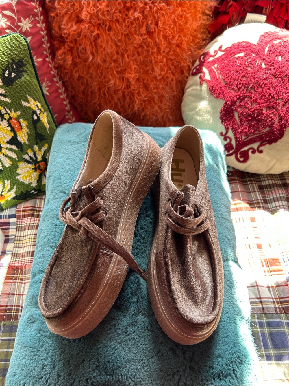 Brown Velvet Platform Lace-Up Shoes